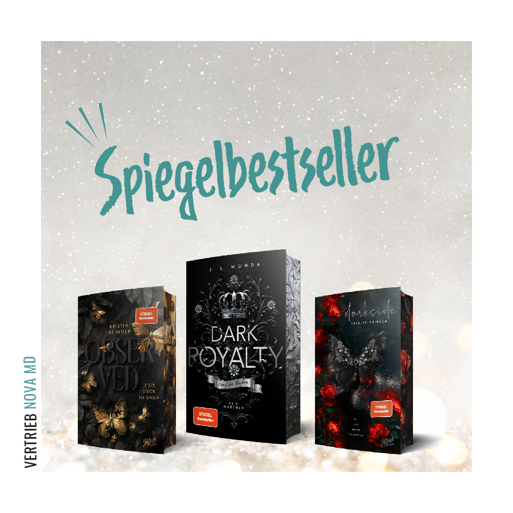 Bekanntgabe SPIEGEL-Bestseller für für "Dark Royalty", "Darkside 1" & "Observed" mit Abbildung der Cover vor grauem glitzerndem Hintergrund